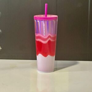 Starbucks 2021 Holiday Silver Pink White Wave Cold Cup Tumbler 24 oz New!